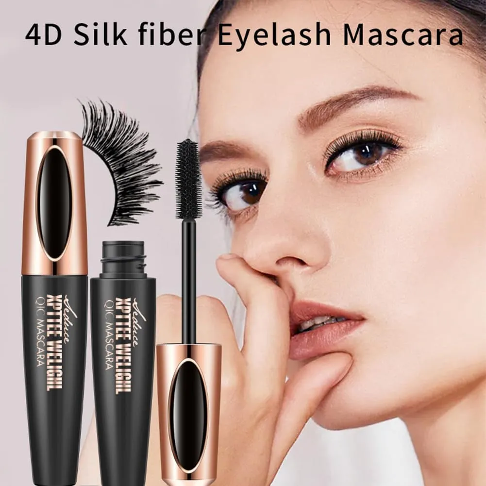 2 Pack 4D Silk Fiber Lash Mascara, Waterproof Smudge-Proof Long Lasting Black Mascara, Lengthening Thickening Curling Natural Eyelash Primer with Silicone Brush Head