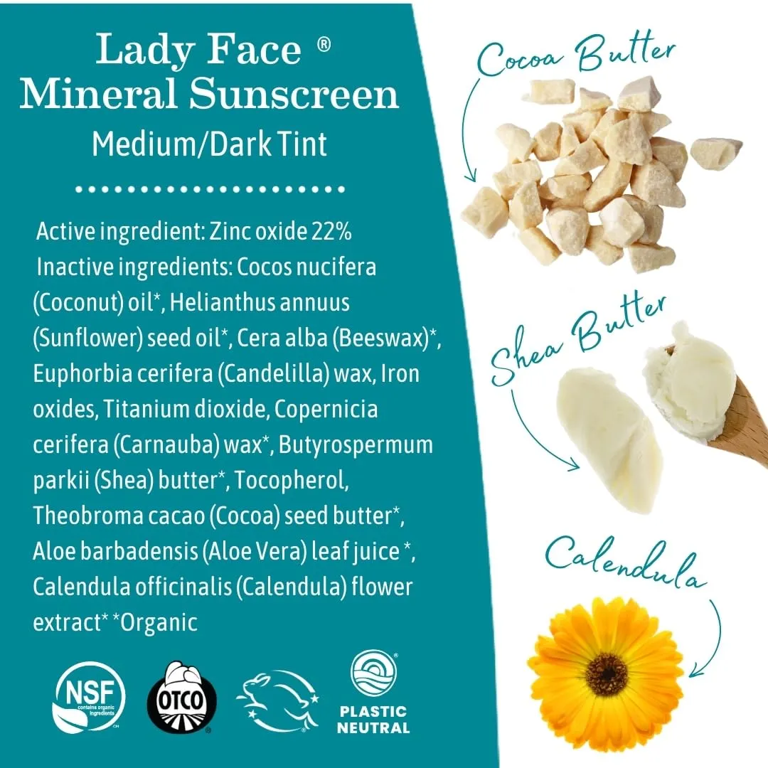 Earth Mama Lady Face® Tinted Mineral Sunscreen Stick, SPF 40 Medium/Dark Tint | Contains Organic Shea & Cocoa Butter | Foundation   Concealer   Contour, Blends with Most Skin Tones