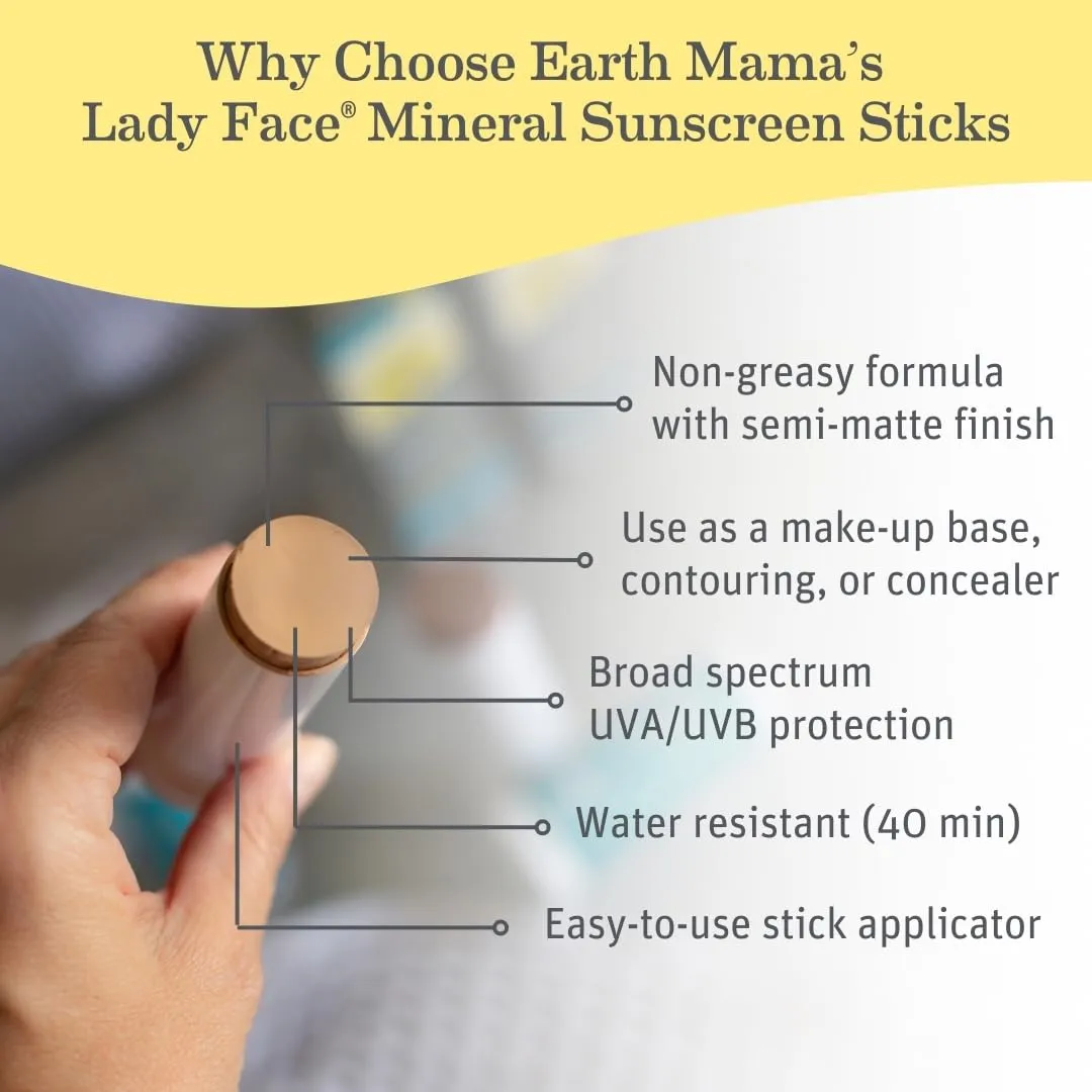 Earth Mama Lady Face® Tinted Mineral Sunscreen Stick, SPF 40 Medium/Dark Tint | Contains Organic Shea & Cocoa Butter | Foundation   Concealer   Contour, Blends with Most Skin Tones