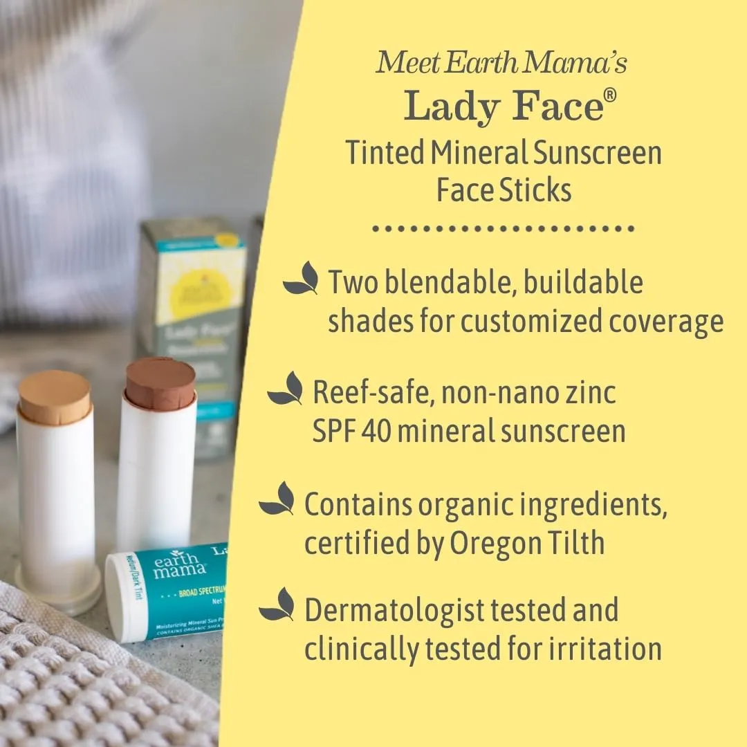 Earth Mama Lady Face® Tinted Mineral Sunscreen Stick, SPF 40 Medium/Dark Tint | Contains Organic Shea & Cocoa Butter | Foundation   Concealer   Contour, Blends with Most Skin Tones