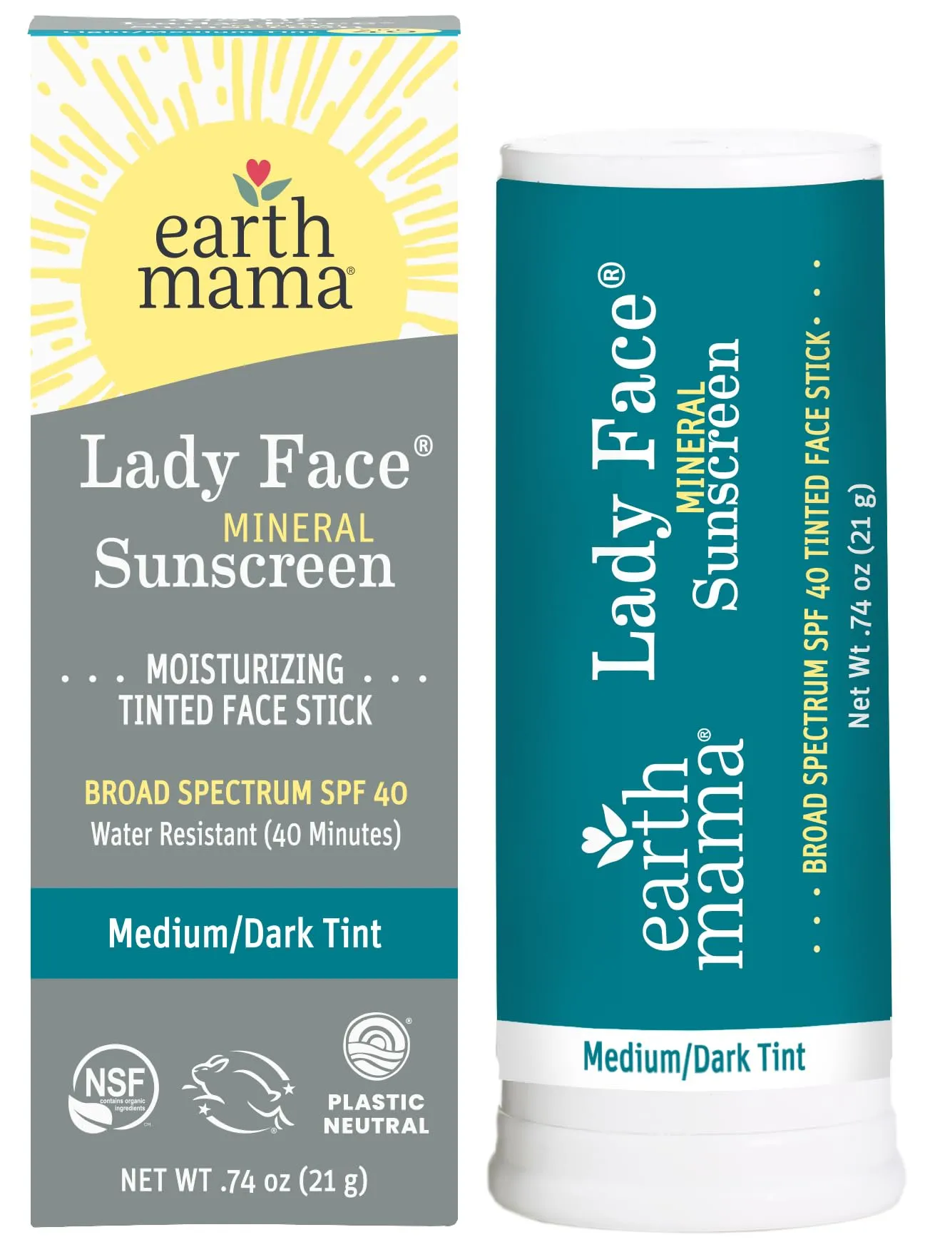 Earth Mama Lady Face® Tinted Mineral Sunscreen Stick, SPF 40 Medium/Dark Tint | Contains Organic Shea & Cocoa Butter | Foundation   Concealer   Contour, Blends with Most Skin Tones