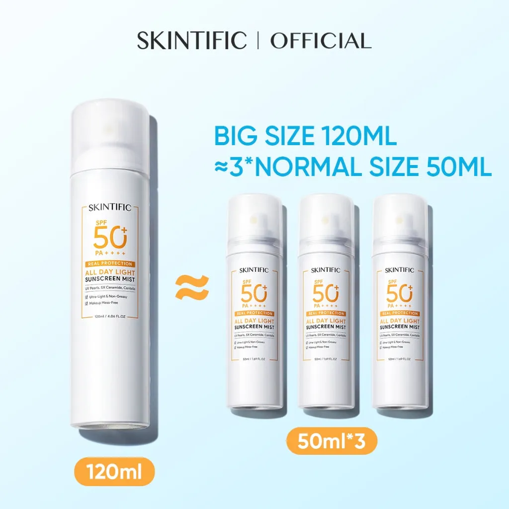 Skintific All Day Light Sunscreen Spray Spf50 Pa     Face/Body Brilliant Sunblock Mist Face And Body